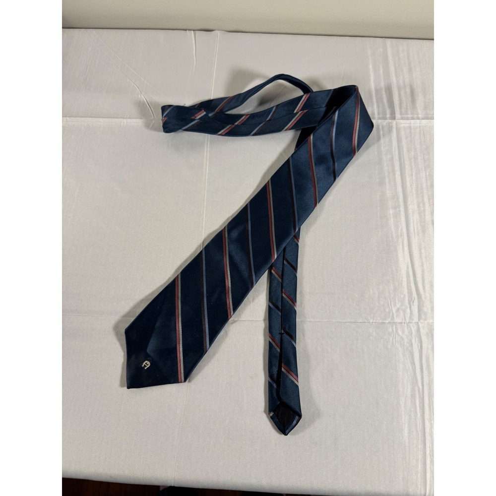 Etienne Aigner Mens Silk Necktie Blue Red Silver Diagonal Striped Logo Tie